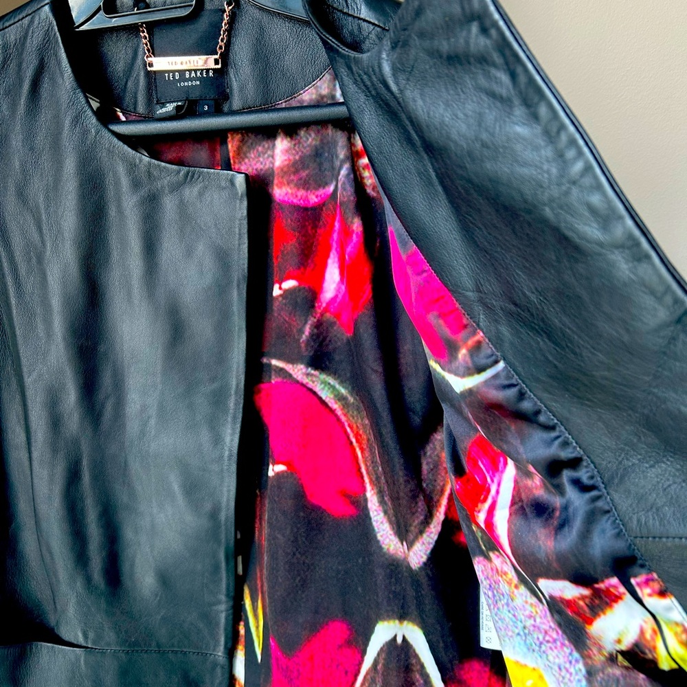 Genuine soft leather TED BAKER jacket with silk colorful lining. Brand new